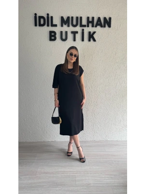 Siyah Yarasa Kol Detaylı Oysh Kumaş Elbise