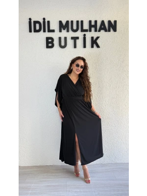 Siyah Yarasa Kol Kruvaze Yaka Sandy Elbise