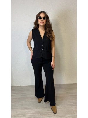 Siyah Yüksek Bel İspanyol Paça Pantolon