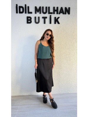 Siyah Yüksek Bel Saten Etek