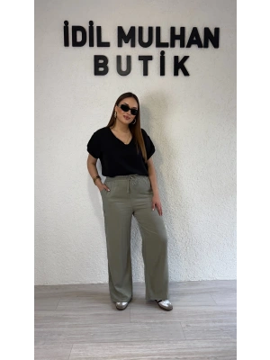 Su Yeşili Beli Lastikli Parlak Bürümcük Pantolon