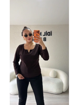 V Gold Detaylı Acı Kahve Bluz
