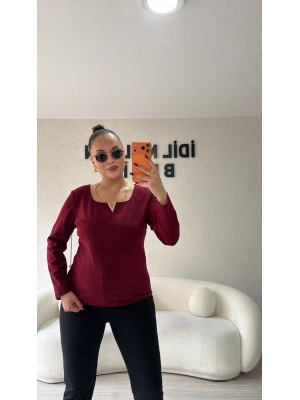 V Gold Detaylı Bordo Bluz