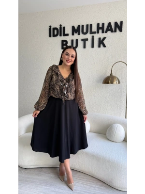 Volan Detaylı Leopar Midi Elbise