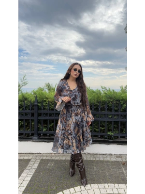 Yaka Ve Kol Volanlı Çiçek Desenli Şifon Elbise