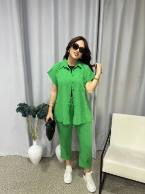 Yeşil Keten Kısa Kollu Takım