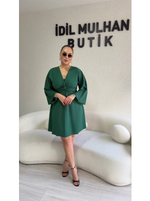 Yeşil Krep Kumaş Düğüm Detaylı Elbise