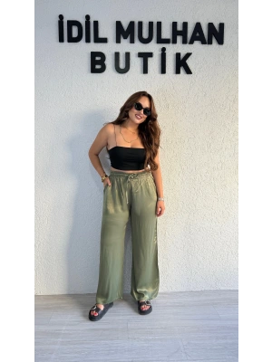 Zeytin Yeşili Beli Lastikli Saten Pantolon
