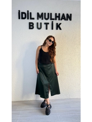 Zümrüt Yeşili Yüksek Bel Saten Etek