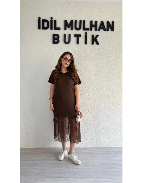 Acı Kahve Eteği Güpürlü Elbise