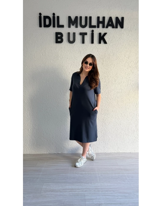 Antrasit Polo Yaka Modal Kumaş Elbise