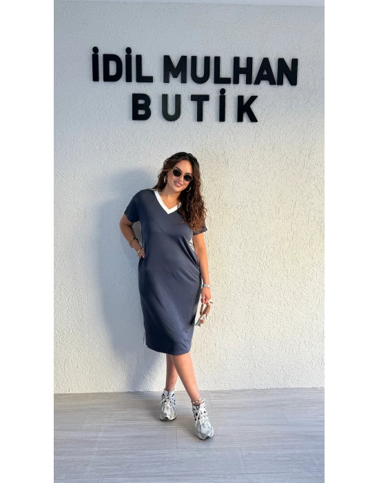 Antrasit V Yaka Yanları Şeritli Elbise