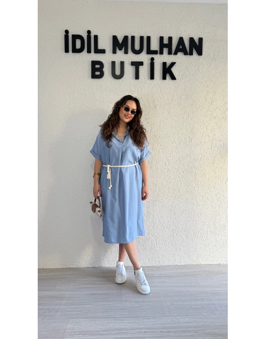 Bebe Mavisi Kemer Detaylı Tensel Elbise
