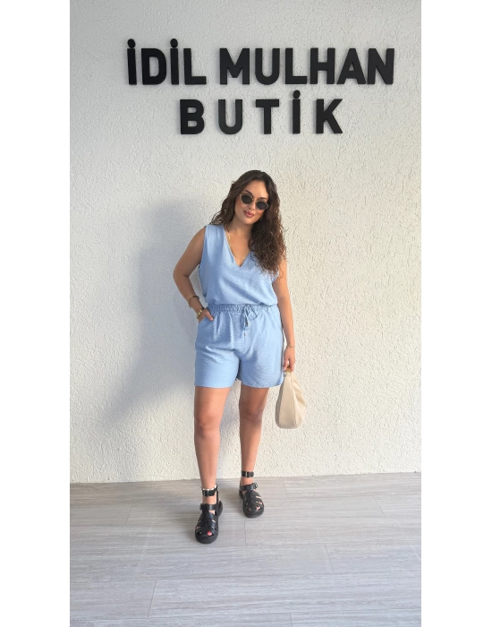 Bebe Mavisi Keten Şortlu Takım