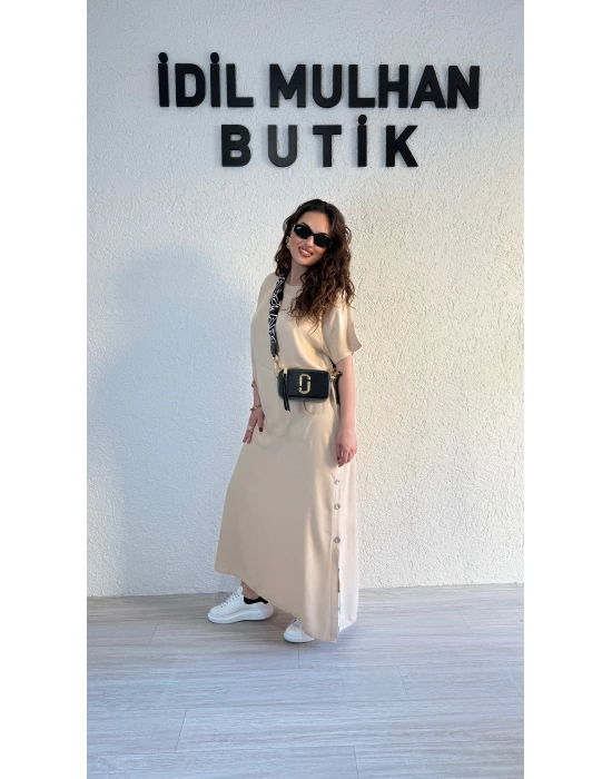 Bej Düğme Detaylı Kanguru Cepli Elbise