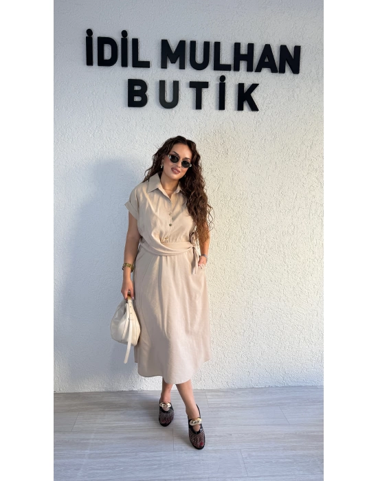 Bej Önden Bağlamalı Pinko Elbise
