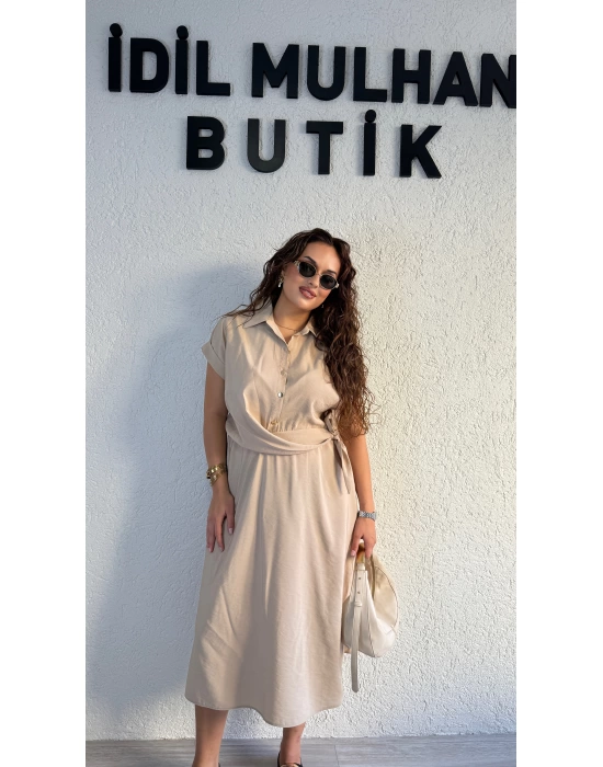 Bej Önden Bağlamalı Pinko Elbise