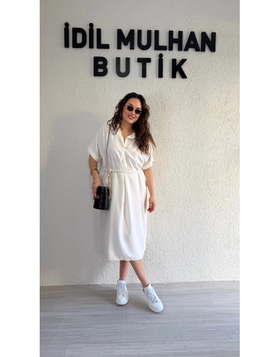 Beyaz Kemer Detaylı Tensel Elbise