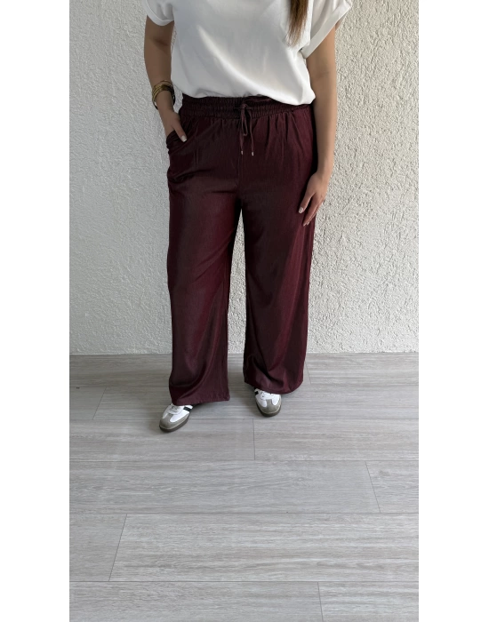 Bordo Beli Lastikli Tensel Pantolon