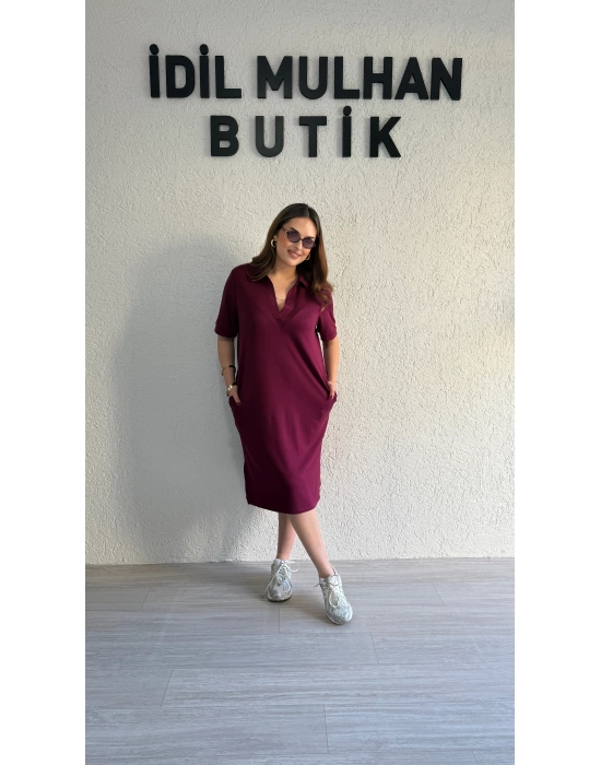 Bordo Polo Yaka Modal Kumaş Elbise