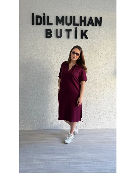 Bordo Polo Yaka Modal Kumaş Elbise