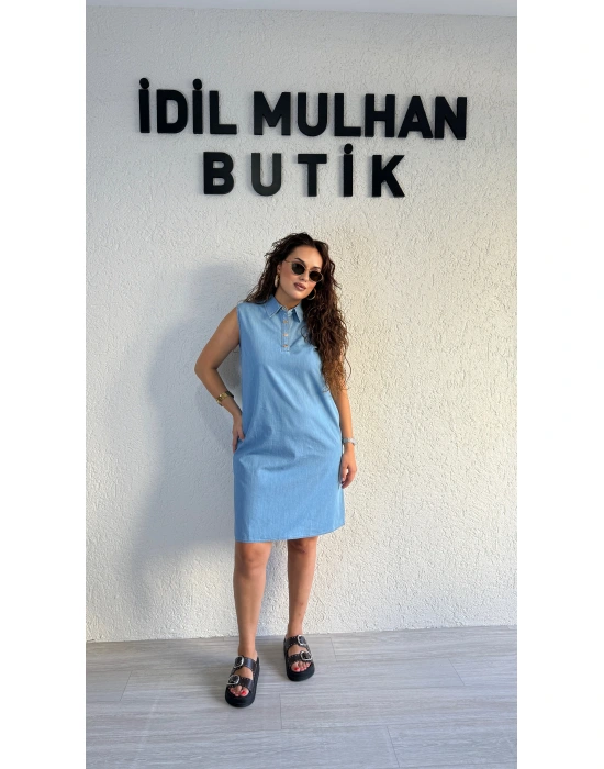 Buz Mavisi Kolsuz Düğmeli Kot Elbise