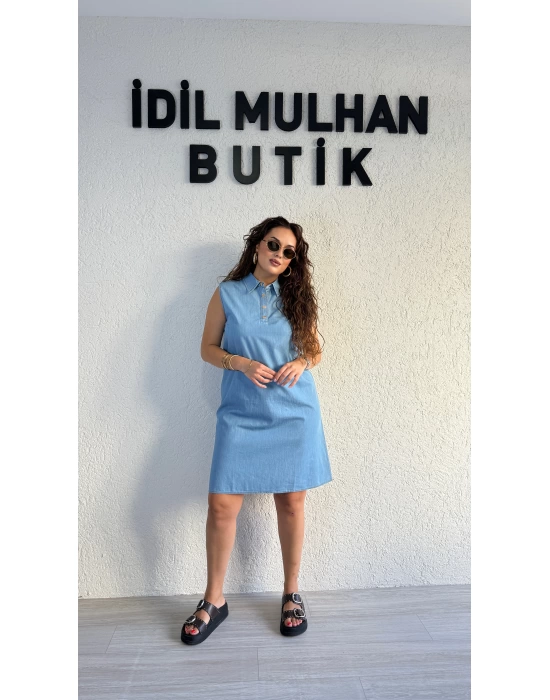 Buz Mavisi Kolsuz Düğmeli Kot Elbise