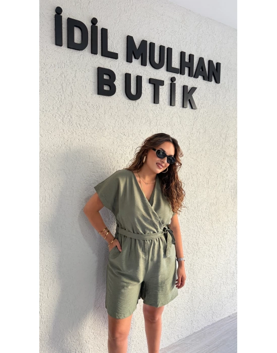 Haki Keten Aerobin Şortlu Tulum