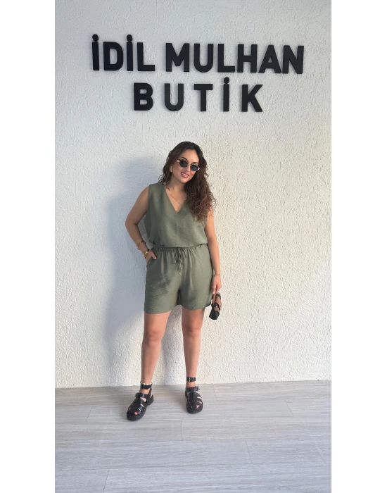 Haki Keten Şortlu Takım