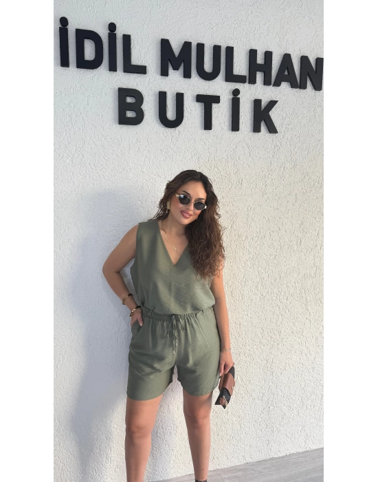 Haki Keten Şortlu Takım