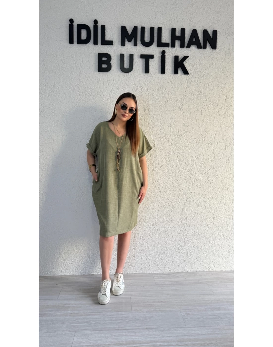 Haki Kolyeli Keten Elbise