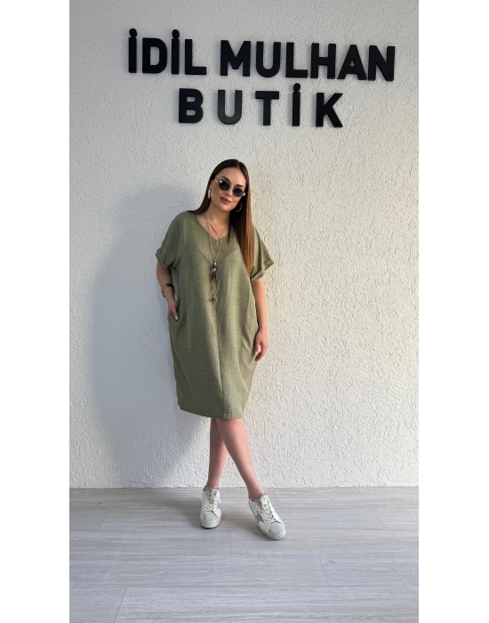 Haki Kolyeli Keten Elbise