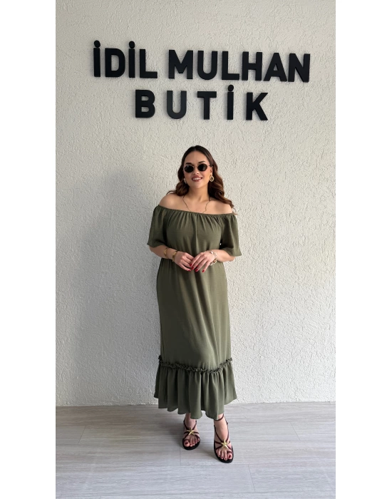Haki Madonna Yaka Etek Ucu Fırfırlı Elbise