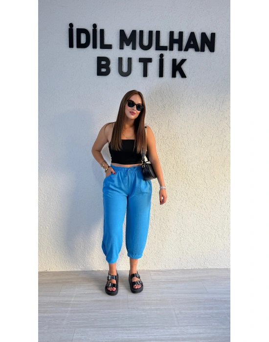 İndigo Mavisi Keten Şalvar Pantolon