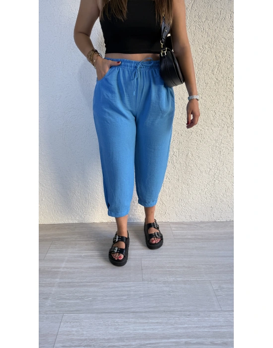 İndigo Mavisi Keten Şalvar Pantolon