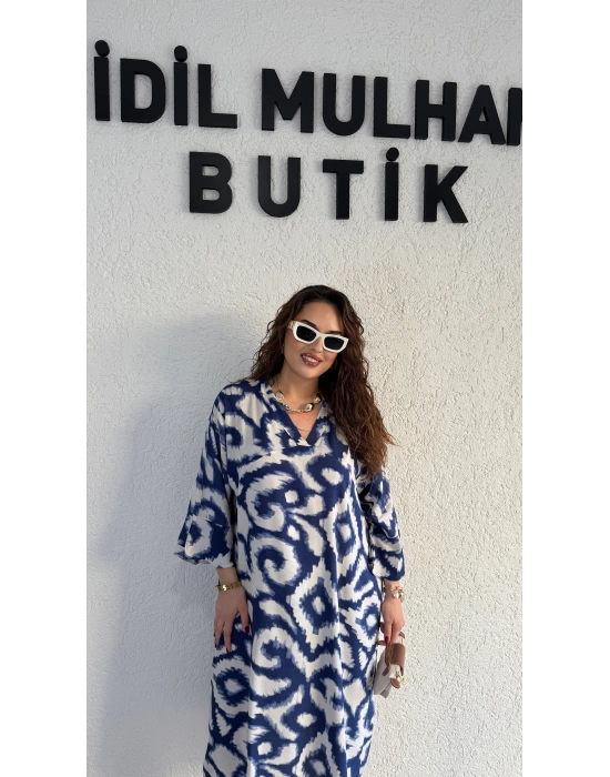 Lacivert Batik Desenli Elbise