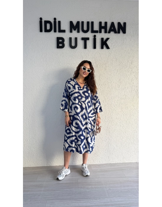 Lacivert Batik Desenli Elbise