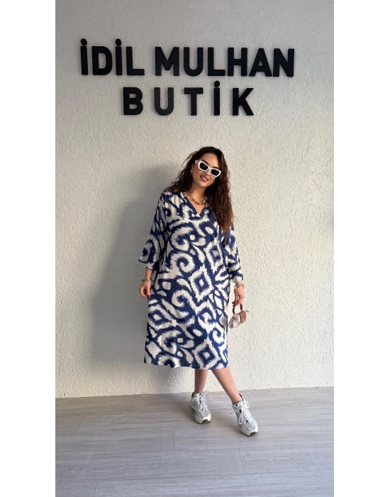 Lacivert Batik Desenli Elbise