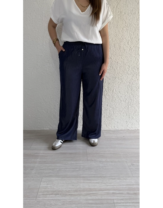 Lacivert Beli Lastikli Tensel Pantolon