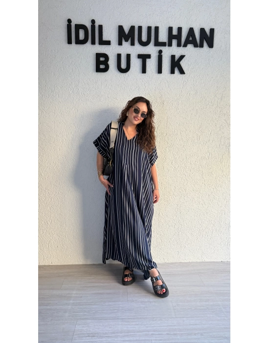 Lacivert Dikey Şeritli Pamuk Elbise