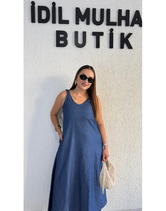 Lacivert Jean Kumaş Lastik Askılı Elbise