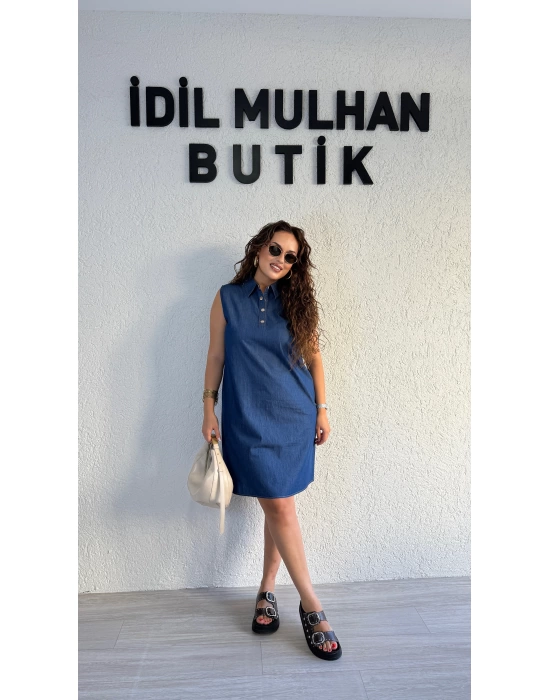 Lacivert Kolsuz Düğmeli Kot Elbise