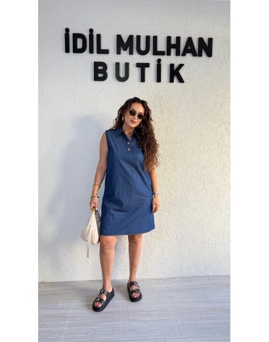 Lacivert Kolsuz Düğmeli Kot Elbise