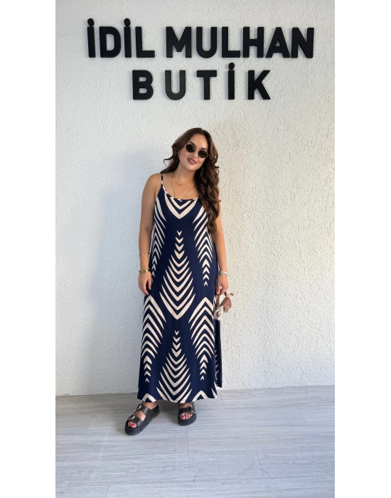 Lacivert Krem Desenli Askılı Pamuk Elbise