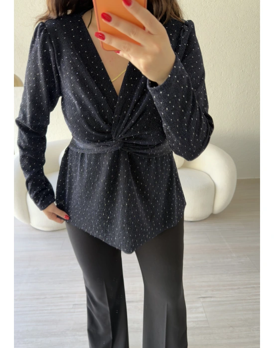 Lacivert Sim Detaylı Taş İşlemeli Bluz