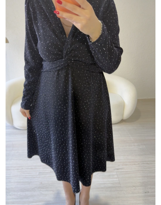 Lacivert Sim Işıltılı Kruvaze Elbise