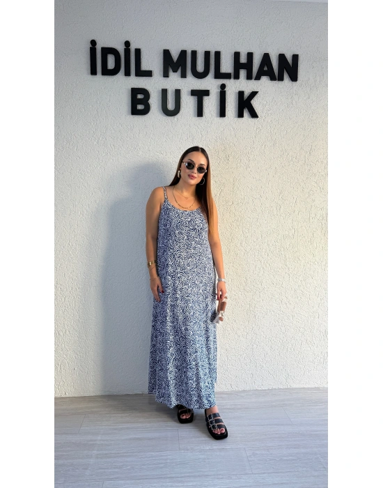 Mavi Beyaz Desenli Askılı Pamuk Elbise