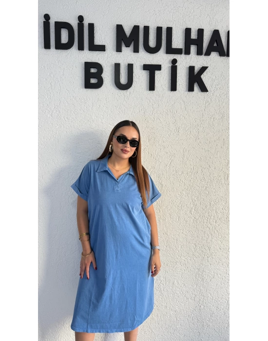 Mavi Yıkamalı Polo Yaka Elbise