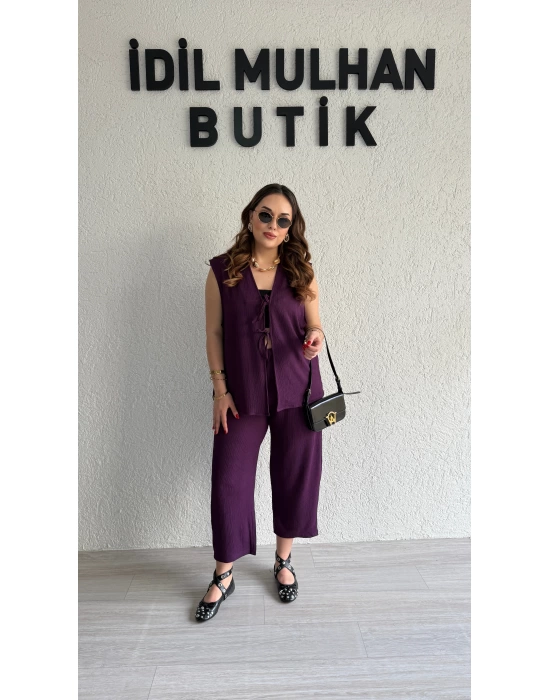 Mürdüm Bağlama Detay Yelek Takım