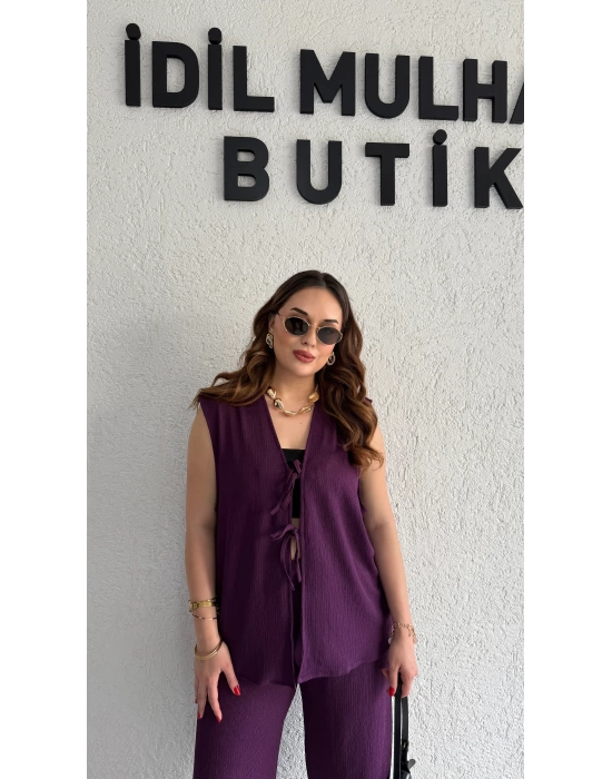 Mürdüm Bağlama Detay Yelek Takım